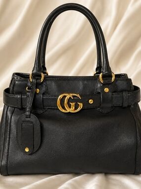 AUTHENTIC Gucci Black Leather Running Satchel with Gold Double G Buckle